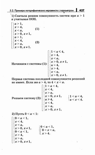 5.2. Примеры логарифмическихнеравенств с nараметром 1 437
....
1) Сначала решим совокупность систем при а > 1
и учитывая ООН.
а> 1,
х>4,
х<а,
Х > 0, Xi:-1,
а> 1,
х<4,
х>а,
x>O,xi:-1.
(1)
(2)
Начинаем с системы (1):
1 <а~ 4,
х>4,
х<а,
x>O,xi:-1,
а>4,
х>4,
х<а,
x>O,xi:-1.
Первая система последней совокупности решений
не имеет. Если же а> 4, то 4 < х <а.
1 <а< 4,
х<4,
х>а,
Решаем систему (2):
x>O,xi:-1,
а;;;.4,
х<4,
2) Пусть О< а< 1:
О< а< 1,
х<4,
х<а,
х>О, xi:-1,
О< а< 1,
х> 4,
х>а,
x>O,xi:-1,
х> а,
x>O,xi:-1,
О< а< 1,
[
о <х <а,
х>4.
J 1 <а<4,
[а <х< 4.
 