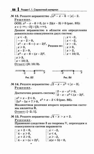 88 1 Раздел 1. 1. Справочный материал
М 13. Решитенеравенство Jx2 - х- 6 < х- 2.
Решение.
ООН: х2
- х- 6 >О, (х + 2)(х- 3) >О (рис. 85):
Х Е (-=; -2] U [3; +=).
Данное неравенство в области его определения
равносильно совокупности двух систем:
j
х <-2, {х <~2,
-х-2>0, х<-2,
х2 -х-6<(-х-2)2
, х>-2,
j~ ~ ~·> О, Решим ее: J ~ ~ ~:
1х2 - х- 6 < (х- 2)2• 1х < 10/3,
{
х >3,
х < 10/3.
Ответ: [3; 10/3).
-2 3 х
Рнс. 85
F"////РЛЛ///////.
-2 1
Рнс. 86
М 14. Решитенеравенство J2- х- х2 <х- 3.
Решение.
..х
{
2- х- х2
>О,
Достаточно решить систему
2 2 / (
3
)2-х-х"""' х- .
{
х2 + х- 2 <О
2х2 _
5х + 7 ; О, х2
+ х- 2 <О (рис. 86).
Множеством решения второго неравенства систе­
мы является R.
Ответ: [-2; 1].
М 15. Решитенеравенство J4 - х > х + 2.
Решение.
Применяя следствие 3 из теоремы V, переходим к
совокупности систем неравенств
r{
x+2<0, [{i<-2,
4- х >о, х <4,
{
х + 2 >о, {х >-2,
4- х > (х + 2)2 , х(х + 5) <О,
 