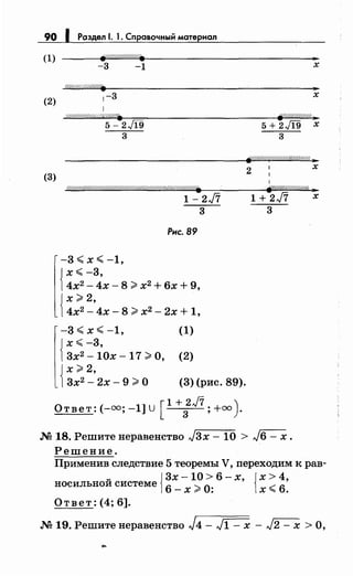 90 1 Раздел 1. 1. Справочный материал
(1)
(2)
(3)
-3 -1
1-3
1
W/'ff/ffP/////ff:d///.1"C8
5-2JI9
3
o///////ff///////////////////////!/ff////////:////Ш);/////////.
-3 <х <-1,
1- 2J7
3
Рис. 89
{
х <-3,
4х2
- 4х - 8 ~ х2
+ 6х + 9,
{
х ~ 2,
4х2
- 4х - 8 ~ х2
- 2х + 1,
-З<х<-1, (1)
{
х <-3,
3х2
- 10х- 17 ~О, (2)
{
х ~ 2,
3х2
- 2х- 9 ~О (3) (рис. 89).
[
1 + 2J7 )Ответ:(-=; -1] U
3
; += ·
х
х
fjl.'!l/////////!?.JI
5+2JI9 х
3
fp.///////(('//////////////////r.
2 1 х
1
~/J///#<P/<C-1?t ..
1+ 2J7 х
3
М 18. Решитенеравенство J3x- 10 > J6 - х.
Решение.
Применив следствие 5 теоремы V, переходим к рав-
u { 3х- 10 > 6- х, {х > 4,
НОСИЛЬНОИ СИСТеМе
6 _ Х ~О: Х <6.
Ответ: (4; 6].
М 19. Решитенеравенство J4- ~- J2- х >О,
 