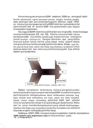 Perkem banganm anajem en SDM sebelum 1990-an, seringkali lebih
bersifat administratif, seperti pencatatan prestasi, mangkir, kenaikan pangkat
atau golongan dan pencatatanpenggajian. Namun, sejak 1990an muncul pandangan
yang m elihatSDM lebih dari sekadarbersifat
administratif. Hal ini karena SDM m erupakan salah satu bagian
strategisdari organisasi.
KeunggulanSDM tidak hanya dilihat dari sisi tingkatIQ, melainkanjuga
m em perhatikanaspek EQ dan SQ. Potensi m anusia tidak hanya
berdasarkanIQ- nya belaka, tetapi juga m elalui konsep intelegensi
jam ak (multiple intellegence). Dengan demikian, apa yang dilihat
manusia bukan hanya hal-hal yang kasat mata, seperti dalam
mengukurkinerja berdasarkanproduktivitas.Akan tetapi, juga halhal yang tak kasat mata, seperti nilai hidup yang dianutnya, kompetensi untuk
bekerja dalam tim dan seterusnya.Perkem bangan
ini bisa dilihat
dalam gam barberikut.

Gambar :Sinergi SDM-EI Sumber: Siddique (2007:295)

Dalam kom petensi terkandung tentang pengetahuan dan
keterampilan.
Konsep m anajem en
strategisSDM m utakhirm engakui
pentingnyanilai sebagai pedoman dalam melaksanakan pekerjaan yang
dapat menjadi dasar terbentuknya etos kerja, seperti etos untuk mengabdi
kepada sesama dengan memandang pekerjaan lebih dari sekadar
m encari penghasilan,tetapi m erupakanwujud ibadah sosial. Maka
dari itu unsur memberikan pelayanan yang sebaik-baiknya dapat
dijadikan nilai hidup yang memandang memberikan kemudahan dan kebaikan
kepadaoranglain sebagaibagiannilai kerja.
Siddique (2007:299) mengemukakannya
melalui matriks kompetensi
SDM dalam satu organisasi, seperti diilustrasikan pada
82 | IL M Udan BUDAYA

 