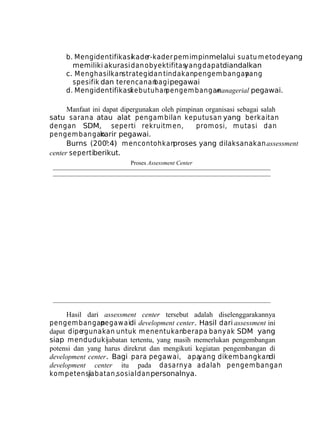 b. Mengidentifikasikader-kader pemimpin melalui suatu m etodeyang
memiliki akurasi dan obyektifitas
yang dapatdiandalkan
c. M enghasilkanstrategidan tindakanpengem bangan
yang
spesifik dan terencanan
bagi pegawai
d. Mengidentifikasi
kebutuhan
pengem bangan
managerial pegawai.
Manfaat ini dapat dipergunakan oleh pimpinan organisasi sebagai salah
satu sarana atau alat pengam bilan keputusan yang berkaitan
dengan SDM, seperti rekruitm en,
prom osi, m utasi dan
pengem bangan
karir pegawai.
Burns (200?:4) m encontohkan
proses yang dilaksanakan assessment
center sepertiberikut.
Proses Assessment Center

Hasil dari assessment center tersebut adalah diselenggarakannya
pengem bangan
pegaw aidi development center. Hasil dari assessment ini
dapat dipergunakan untuk m enentukanberapa banyak SDM yang
siap mendudukijabatan tertentu, yang masih memerlukan pengembangan
potensi dan yang harus direkrut dan mengikuti kegiatan pengembangan di
development center. Bagi para pegawai, apa
yang dikem bangkandi
development center itu pada dasarnya adalah pengem bangan
kom petensi
jabatan,sosial dan personalnya.

 