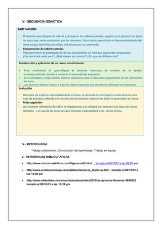 IV.- SECUENCIA DIDÁCTICA 
MOTIVACIÓN 
- El docente para despertar interés y recuperar los saberes previos, pegará en la pizarra tres tipos 
de texto que serán analizados por los alumnos. Estos textos permitirán el desenvolvimiento del 
tema ya que identificaran el tipo del mismo por su contenido. 
- Recuperación de saberes previos 
- Para promover la participación de los estudiantes se hará las siguientes preguntas: 
- ¿De que trata cada uno? ¿Qué tienen en común? ¿En que se diferencian? 
Construcción y aplicación de un nuevo conocimiento 
· Para confrontar el aprendizaje el docente mostrará el nombre de la sesión 
correspondiente, dando a conocer el aprendizaje esperado. 
· Se le entregará a cada alumno material respectivo para el adecuado seguimiento de los contenidos 
del tema. 
· Los alumnos deberán seguir a paso los datos sugeridos por el profesor rellenado los esquemas. 
Evaluación 
- Después de explicar adecuadamente el tema, el docente le entregará a cada alumno una 
hoja de práctica referida a la sesión donde deberán demostrar todo lo aprendido en clase. 
- Meta cognición: 
- Los alumnos reflexionarán sobre la importancia y la utilidad de reconocer los tipos de textos 
literarios y el uso de los recursos que mejoran y dan belleza a los textos líricos. 
IV.- METODOLOGÍA 
Trabajo colaborativo, Construcción del aprendizaje, Trabajo en equipo 
V,- REFERENCIAS BIBLIOGRAFICAS 
· http://www.rinconcastellano.com/tl/generoslit.html tomado el 09/10/12 a las 09:00 pm 
· http://www.profesorenlinea.cl/castellano/Generos_literarios.htm tomado el 09/10/12 a 
las 10:00 pm 
· http://www.slideshare.net/eduardodonairearbieto2010/los-generos-literarios-3609052 
tomado el 09/10/12 a las 10:24 pm 
 