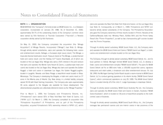 Notes to Consolidated Financial Statements
                          NOTE 1 — ORGANIZATION                                                                       owns and operates the New York-New York Hotel and Casino on the Las Vegas Strip
                          MGM MIRAGE (the quot;Companyquot;), formerly known as MGM Grand, Inc., is a Delaware                (see Note 3). Consequently, as of March 1, 1999, Primadonna and NYNY LLC
                          corporation, incorporated on January 29, 1986. As of December 31, 2000,                     became wholly owned subsidiaries of the Company. The Primadonna Acquisition
                          approximately 59.7% of the outstanding shares of the Company's common stock                 also gave the Company ownership of three resorts located in Primm, Nevada at the
                          were owned by Kirk Kerkorian or Tracinda Corporation (quot;Tracindaquot;), a Nevada                 California/Nevada state line: Whiskey Pete’s, Buffalo Bill’s and the Primm Valley
                          corporation wholly owned by Kirk Kerkorian.                                                 Resort (the quot;Primm Propertiesquot;), as well as two championship golf courses located
                                                                                                                      near the Primm Properties.
                          On May 31, 2000, the Company completed the acquisition (the quot;Mirage
                          Acquisitionquot;) of Mirage Resorts, Incorporated (quot;Miragequot;) (see Note 3). Mirage,              Through its wholly owned subsidiary, MGM Grand Hotel, LLC, the Company owns
                          through wholly owned subsidiaries, owns and operates the following hotel, casino            and operates the MGM Grand Hotel and Casino (quot;MGM Grand Las Vegasquot;), a hotel,
                          and entertainment resorts: Bellagio, a European-style luxury resort; The Mirage, a          casino and entertainment complex located on the Las Vegas Strip.
                          tropically-themed destination resort; Treasure Island at The Mirage, a pirate-themed
                          hotel and casino resort; and the Holiday Inn® Casino Boardwalk, all of which are            The Company, through its wholly owned subsidiary, MGM Grand Detroit, Inc., and its
                          located on the Las Vegas Strip. Mirage also owns a 50% interest in the joint venture        local partners in Detroit, Michigan formed MGM Grand Detroit, LLC, to develop a
                          that owns and operates the Monte Carlo Resort & Casino, a palatial-style hotel and          hotel, casino and entertainment complex (quot;MGM Grand Detroitquot;). The plans for MGM
                          casino also located on the Las Vegas Strip. Mirage also owns and operates the Golden        Grand Detroit call for an 800-room hotel, a 100,000 square-foot casino, signature
                          Nugget, a hotel and casino in downtown Las Vegas, the Golden Nugget-Laughlin,               restaurants and retail outlets, a showroom and other entertainment venues. On July
                          located in Laughlin, Nevada, and Beau Rivage, a beachfront resort located in Biloxi,        28, 1999, the Michigan Gaming Control Board issued a casino license to MGM Grand
                          Mississippi. The Company is developing the Borgata, a hotel and casino resort on 27         Detroit, LLC to conduct gaming operations in its interim facility (quot;MGM Grand Detroit
                          acres in the Marina area of Atlantic City, New Jersey, in a limited liability company       Casinoquot;), which commenced operations on July 29, 1999. The MGM Grand Detroit
                          owned 50-50 with Boyd Gaming Corporation. The Company also owns approximately               Casino is located directly off of the John C. Lodge Expressway in downtown Detroit.
                          95 acres adjacent to the Borgata site available for future development. The
                          aforementioned properties are collectively referred to herein as the quot;Mirage Properties.quot;   Through its wholly owned subsidiary, MGM Grand Australia Pty Ltd., the Company
                                                                                                                      owns and operates the MGM Grand Hotel and Casino in Darwin, Australia (quot;MGM
                          Prior to March 1, 1999, the Company and Primadonna Resorts, Inc.                            Grand Australiaquot;), which is located on 18 acres of beachfront property on the north
                          (quot;Primadonnaquot;) each owned 50% of New York-New York Hotel & Casino, LLC                      central coast of Australia.
                          (quot;NYNY LLCquot;). On March 1, 1999, the Company completed its acquisition (the
                          quot;Primadonna Acquisitionquot;) of Primadonna, and as part of the Primadonna                      Through its wholly owned subsidiary, MGM Grand South Africa, Inc., the Company
                          Acquisition, acquired Primadonna’s 50% ownership interest in NYNY LLC, which                manages two permanent casinos and one interim casino in two provinces of the




5 M36   MGM MIRAGE and subsidiaries
 