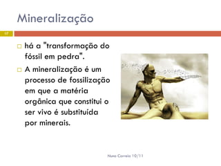 Mineralização
17


        há a "transformação do
         fóssil em pedra".
        A mineralização é um
         processo de fossilização
         em que a matéria
         orgânica que constitui o
         ser vivo é substituída
         por minerais.


                                Nuno Correia 10/11
 