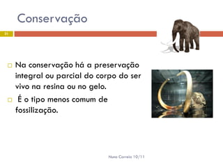 Conservação
21




    Na conservação há a preservação
     integral ou parcial do corpo do ser
     vivo na resina ou no gelo.
     É o tipo menos comum de
     fossilização.




                              Nuno Correia 10/11
 