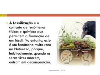 9




       A fossilização é o
        conjunto de fenómenos
        físicos e químicos que
        permitem a formação de
        um fóssil. No entanto, este
        é um fenómeno muito raro
        na Natureza, porque,
        habitualmente, quando os
        seres vivos morrem,
        entram em decomposição.
                                 Nuno Correia 10/11
 