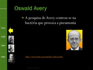    A pesquisa de Avery centrou-se na
           bactéria que provoca a pneumonia
1944


1928


1869



1866       http://www.dnai.org/timeline/index.html



            Nuno Correia 2010/11                     13
 
