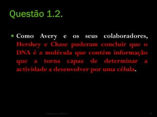    Como Avery e os seus colaboradores,
    Hershey e Chase puderam concluir que o
    DNA é a molécula que contém informação
    que a torna capaz de determinar a
    actividade a desenvolver por uma célula.




             Nuno Correia 2010/11              28
 