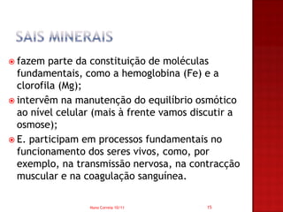  fazem  parte da constituição de moléculas
  fundamentais, como a hemoglobina (Fe) e a
  clorofila (Mg);
 intervêm na manutenção do equilíbrio osmótico
  ao nível celular (mais à frente vamos discutir a
  osmose);
 E. participam em processos fundamentais no
  funcionamento dos seres vivos, como, por
  exemplo, na transmissão nervosa, na contracção
  muscular e na coagulação sanguínea.

                 Nuno Correia 10/11       15
 