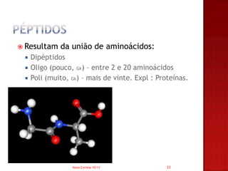  Resultam    da união de aminoácidos:
    Dipéptidos
    Oligo (pouco, Gk) – entre 2 e 20 aminoácidos
    Poli (muito, Gk) – mais de vinte. Expl : Proteínas.




                  Nuno Correia 10/11             23
 