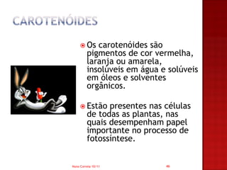 Os   carotenóides são
         pigmentos de cor vermelha,
         laranja ou amarela,
         insolúveis em água e solúveis
         em óleos e solventes
         orgânicos.

      Estão   presentes nas células
         de todas as plantas, nas
         quais desempenham papel
         importante no processo de
         fotossíntese.


Nuno Correia 10/11           46
 
