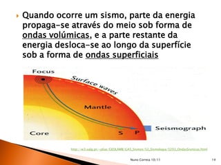    Quando ocorre um sismo, parte da energia
    propaga-se através do meio sob forma de
    ondas volúmicas, e a parte restante da
    energia desloca-se ao longo da superfície
    sob a forma de ondas superficiais




               http://w3.ualg.pt/~jdias/GEOLAMB/GA5_Sismos/52_Sismologia/5203_OndasSismicas.html


                                                  Nuno Correia 10/11                               14
 