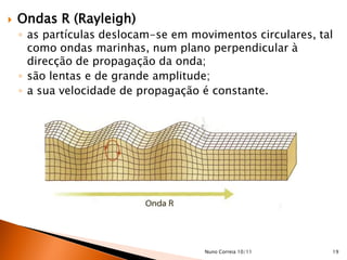    Ondas R (Rayleigh)
    ◦ as partículas deslocam-se em movimentos circulares, tal
      como ondas marinhas, num plano perpendicular à
      direcção de propagação da onda;
    ◦ são lentas e de grande amplitude;
    ◦ a sua velocidade de propagação é constante.




                                     Nuno Correia 10/11     19
 