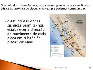 O estudo dos sismos fornece, actualmente, grande parte da evidência
básica da tectónica de placas, uma vez que podemos constatar que:



     o estudo das ondas
      sísmicas permite-nos
      estabelecer a direcção
      do movimento de cada
      placa em relação às
      placas vizinhas.




                                         Nuno Correia 10/11           50
 