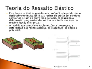    E as forças tectónicas geradas em profundidade produzem o
    deslocamento muito lento das rochas da crosta em sentidos
    contrários de um do outro lado da falha, conduzindo à
    deformação progressiva das rochas localizadas na área de
    movimentação diferencial.
   Á medida que a movimentação tectónica prossegue, a
    deformação das rochas acentua-se e acumula-se energia
    potencial.




                                       Nuno Correia 10/11       7
 