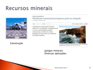 Construção


             Jazigos minerais
             Diversas aplicações




                      Nuno Correia 10/11   47
 