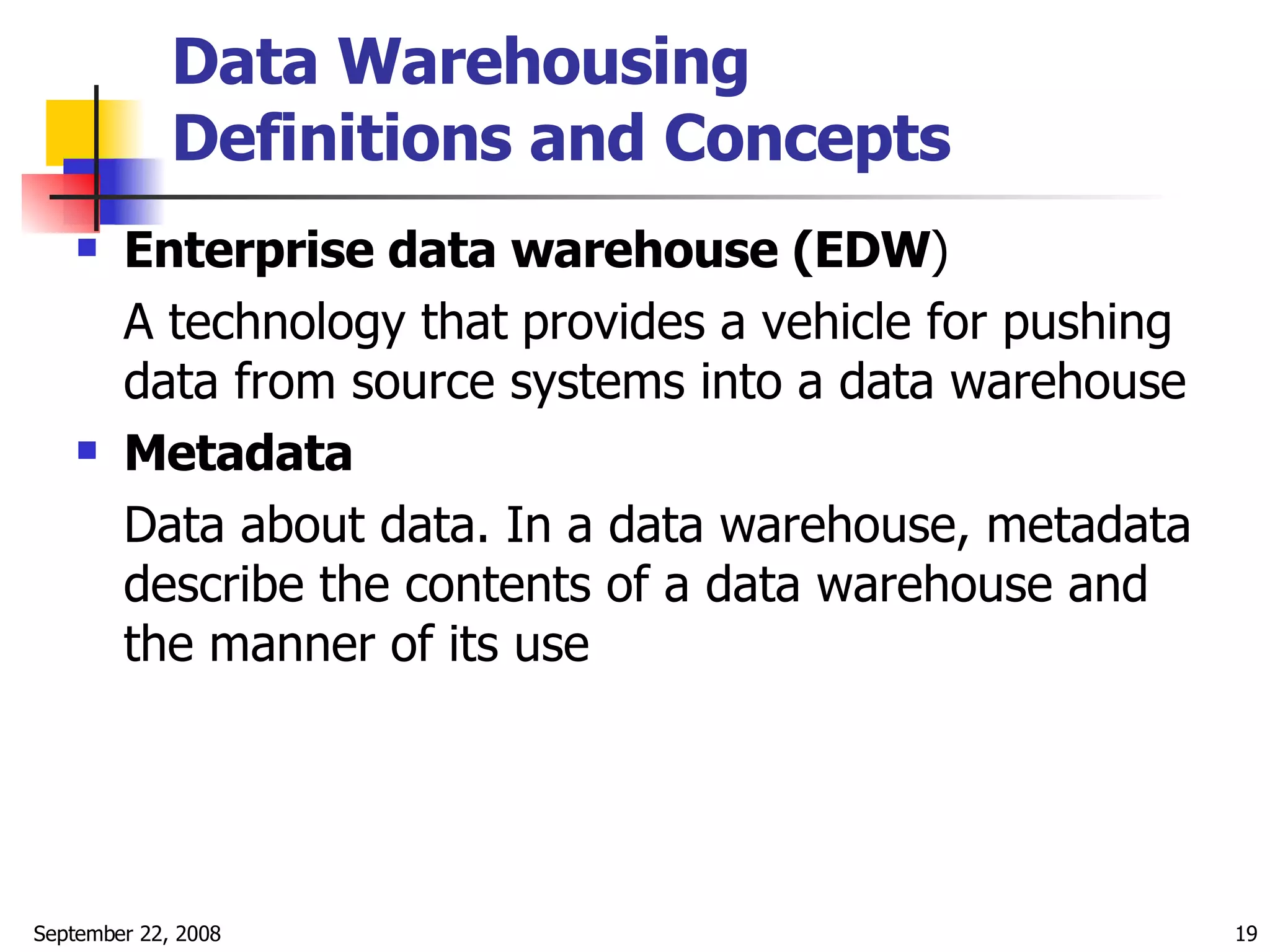 Data Warehousing  Definitions and Concepts   Enterprise data warehouse (EDW ) A technology that   provides a vehicle for pushing data from source systems into a data warehouse  Metadata  Data about data. In a data warehouse, metadata describe the contents of a data warehouse and the manner of its use  