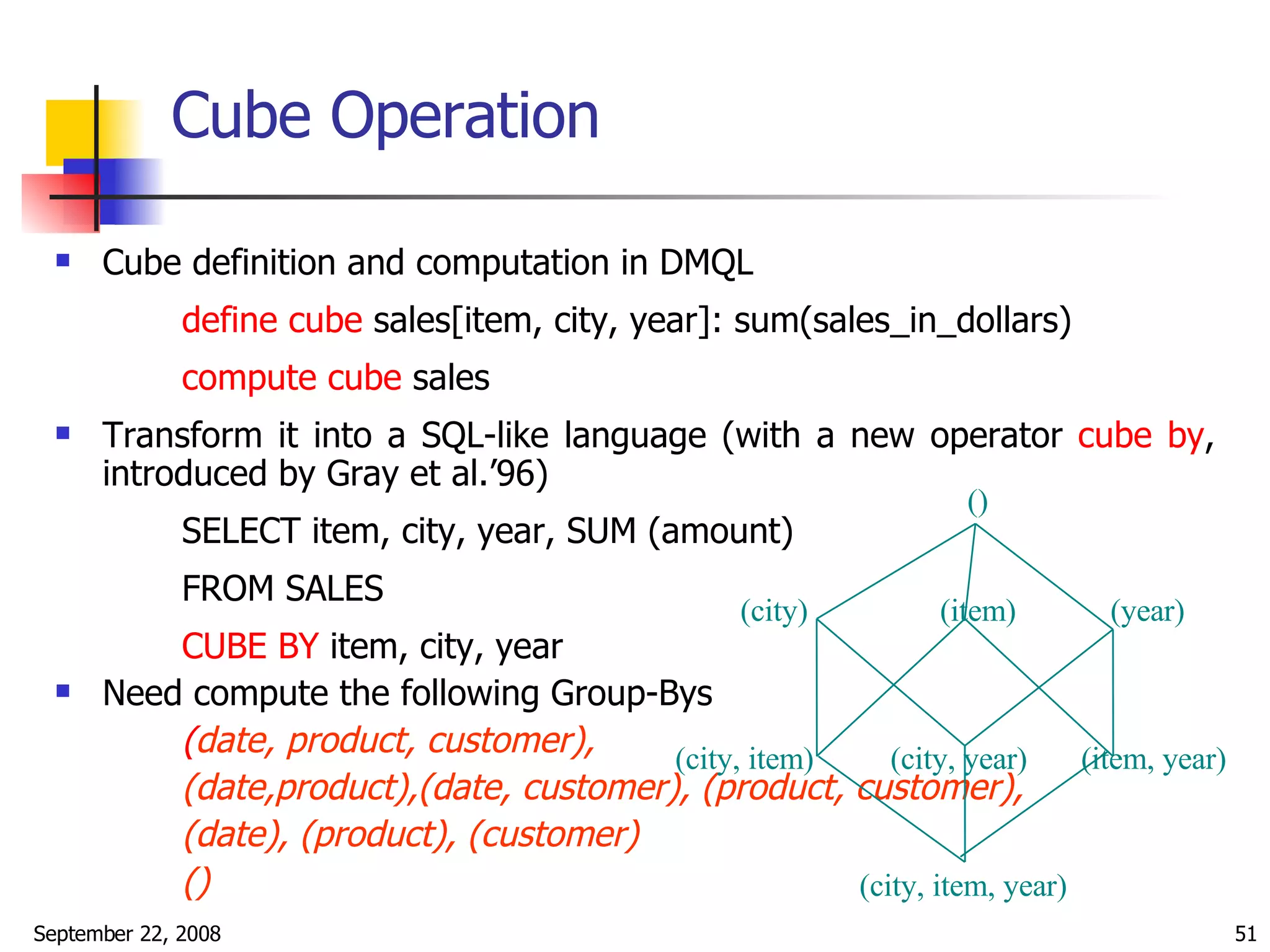 Cube Operation Cube definition and computation in DMQL define cube  sales[item, city, year]: sum(sales_in_dollars) compute cube  sales Transform it into a SQL-like language (with a new operator  cube by , introduced by Gray et al.’96) SELECT item, city, year, SUM (amount) FROM SALES CUBE BY  item, city, year Need compute the following Group-Bys   ( date, product, customer), (date,product),(date, customer), (product, customer), (date), (product), (customer) ()  (item) (city) () (year) (city, item) (city, year) (item, year) (city, item, year) 