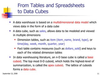 From Tables and Spreadsheets to Data Cubes <ul><li>A data warehouse is based on a  multidimensional data model  which view...