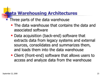 Data Warehousing Architectures   <ul><li>Three parts of the data warehouse </li></ul><ul><ul><li>The data warehouse that c...