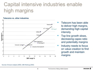 The Economics of Being a Mobile Operator38
Capital intensive industries enable
high margins
R2
= 0,818
0
2
4
6
8
10
12
14
16
18
0 2 4 6 8 10 12 14 16 18 20
EBIT margin %
Capex/sales%
Telecoms 04
Utilities 04
Energy 04
Basic Materials 04
Technology 04
Consumer, Cyclical 04 Industrial 04
Consumer, Non-Cyclical 04
Sources: Ericsson analysis (2005), UBS Warburg (2004)
Telecoms vs. other industries
 Telecom has been able
to deliver high margins,
demanding high capital
intensity
 Top line growth slows,
decreasing capex ratio
and potentially margins
 Industry needs to focus
on value creation to find
growth and maintain
margins
Trend*
 
