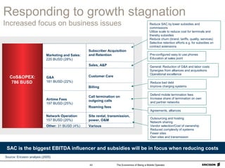 The Economics of Being a Mobile Operator43
Source: Ericsson analysis (2005)
Responding to growth stagnation
Increased focus on business issues
Pre-configured easy to use phones
Education at sales point
Defend mobile termination fees
Increase share of termination on own
and partner networks
Reduce SAC by lower subsidies and
commissions
Utilize scale to reduce cost for terminals and
thereby subsidies
Reduce churn (brand, tariffs, quality, services)
Selective retention efforts e.g. for subsidies on
contract extensions
General: Reduction of G&A and labor costs
Synergies from alliances and acquisitions
Operational excellence
Outsourcing and hosting
Network sharing
Vendor selection/Cost of ownership
Reduced complexity of systems
Fewer sites
Own sites and transmission
Billing
Customer Care
Airtime Fees
197 BUSD (25%)
Network Operation
157 BUSD (20%)
Marketing and Sales:
220 BUSD (28%)
CoS&OPEX:
786 BUSD
Other: 31 BUSD (4%)
Subscriber Acquisition
and Retention
Sales, A&P
Call termination on
outgoing calls
Roaming fees
G&A
181 BUSD (22%)
Site rental, transmission,
power, O&M
Various
Reduce bad debt
Improve charging systems
Agreements, alliances
SAC is the biggest EBITDA influencer and subsidies will be in focus when reducing costs
 