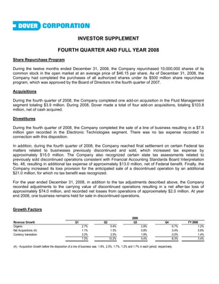 INVESTOR SUPPLEMENT

                                     FOURTH QUARTER AND FULL YEAR 2008
Share Repurchase Program

During the twelve months ended December 31, 2008, the Company repurchased 10,000,000 shares of its
common stock in the open market at an average price of $46.15 per share. As of December 31, 2008, the
Company had completed the purchases of all authorized shares under its $500 million share repurchase
program, which was approved by the Board of Directors in the fourth quarter of 2007.

Acquisitions

During the fourth quarter of 2008, the Company completed one add-on acquisition in the Fluid Management
segment totaling $3.9 million. During 2008, Dover made a total of four add-on acquisitions, totaling $103.8
million, net of cash acquired.

Divestitures

During the fourth quarter of 2008, the Company completed the sale of a line of business resulting in a $7.5
million gain recorded in the Electronic Technologies segment. There was no tax expense recorded in
connection with this disposition.

In addition, during the fourth quarter of 2008, the Company reached final settlement on certain Federal tax
matters related to businesses previously discontinued and sold, which increased tax expense by
approximately $15.0 million. The Company also recognized certain state tax assessments related to
previously sold discontinued operations consistent with Financial Accounting Standards Board Interpretation
No. 48, resulting in additional tax expense of approximately $13.0 million, net of Federal benefit. Finally, the
Company increased its loss provision for the anticipated sale of a discontinued operation by an additional
$21.0 million, for which no tax benefit was recognized.

For the year ended December 31, 2008, in addition to the tax adjustments described above, the Company
recorded adjustments to the carrying value of discontinued operations resulting in a net after-tax loss of
approximately $74.0 million, and recorded net losses from operations of approximately $2.0 million. At year
end 2008, one business remains held for sale in discontinued operations.


Growth Factors

                                                                                                    2008
Revenue Growth                                      Q1                      Q2                       Q3                         Q4           FY 2008
Organic                                                   2.7%                    5.4%                      2.8%                     -5.7%          1.2%
Net Acquisitions (A)                                      1.1%                    1.3%                      0.8%                      0.4%          0.8%
Currency translation                                      3.2%                    3.5%                      1.8%                     -3.0%          1.4%
                                                          7.0%                   10.2%                      5.4%                     -8.3%          3.4%

(A) - Acquisition Growth before the disposition of a line of business was 1.8%, 2.0%, 1.7%, 1.2% and 1.7% in each period, respectively.
 