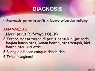DIAGNOSIS
• Anamnesis, pemeriksaanfisik, laboratorium dan radiologi
ANAMNESIS
1.Nyeri perut (Sifatnya KOLIK)
2.Teraba massa tumor di perut bentuk bujur pada
bagian kanan atas, kanan bawah, atas tengah, kiri
bawah atau kiri atas
3.Buang air besar campur darah dan
4.Trias invaginasi
 