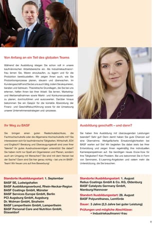 Von Anfang an ein Teil des globalen Teams

Während der Ausbildung steigen Sie schon voll in unsere
kaufmännischen Arbeitsbereiche ein. Als Industriekaufmann/-
frau lernen Sie, Waren einzukaufen, zu lagern und für die
Produktion bereitzustellen. Wir zeigen Ihnen auch, wie Sie
Produktionsprozesse planen, steuern und überwachen. Im
Kundengeschäft sind Sie bei uns auch tätig, indem Sie akquirieren,
beraten und betreuen. Theoretische Grundlagen, die Sie bei uns
erlernen, helfen Ihnen bei Ihrer Arbeit: Sie lernen, Marketing-
und Werbemaßnahmen sowie Markt- und Konkurrenzanalysen
zu planen, durchzuführen und auszuwerten. Darüber hinaus
bekommen Sie ein Gespür für die korrekte Abwicklung der
Finanz- und Geschäftsbuchführung sowie für die Umsetzung
unserer Unternehmensstrategien und -prozesse.




Ihr Weg zu BASF                                                      Ausbildung geschafft – und dann?

Sie    bringen    einen     guten     Realschulabschluss,     die    Sie haben Ihre Ausbildung mit überzeugenden Leistungen
Fachhochschulreife oder die Allgemeine Hochschulreife mit? Sie       beendet? Sehr gut! Denn damit haben Sie gute Chancen auf
interessieren sich für kaufmännische Tätigkeiten, Wirtschaft, EDV    eine Übernahme. Weitgefächerte Einsatzmöglichkeiten bei
und Englisch? Beratung und Überzeugungskraft sind zwei Ihrer         BASF warten auf Sie! Wir begleiten Sie dabei stets bei Ihrer
Talente? Ihr gutes Ausdrucksvermögen unterstützt Sie dabei?          Entwicklung und zeigen Ihnen regelmäßig Ihre individuellen
Sie haben nicht nur Spaß am Organisieren und Planen, sondern         Karriereperspektiven auf. Sie benötigen neues Know-how für
auch am Umgang mit Menschen? Sie sind mit dem Herzen bei             Ihre Tätigkeiten? Kein Problem. Bei uns bekommen Sie in Form
der Sache? Dann sind Sie hier genau richtig – bei uns im BASF-       von Seminaren, E-Learning-Angeboten und vielem mehr die
Team! Wir freuen uns auf Ihre Bewerbung!                             Unterstützung, die Sie brauchen.




Standorte /Ausbildungsstart: 1. September                            Standorte /Ausbildungsstart: 1. August
BASF SE, Ludwigshafen                                                Relius Coatings GmbH & Co. KG, Oldenburg
BASF Ausbildungsverbund, Rhein-Neckar-Region                         BASF Catalysts Germany GmbH,
BASF Coatings GmbH, Münster                                          Nienburg/Hannover
BASF Services Europe GmbH, Berlin                                    Standort /Ausbildungsstart: 28. August
PCI Augsburg GmbH, Augsburg                                          BASF Polyurethanes, Lemförde
Dr. Wolman GmbH, Sinzheim
BASF Lampertheim GmbH, Lampertheim                                   Dauer: 3 Jahre (2,5 Jahre bei guter Leistung)
BASF Personal Care and Nutrition GmbH,                               Prüfungen und mögliche Abschlüsse:
Düsseldorf                                                                  • Industriekaufmann/-frau

                                                                                                                                    9
 