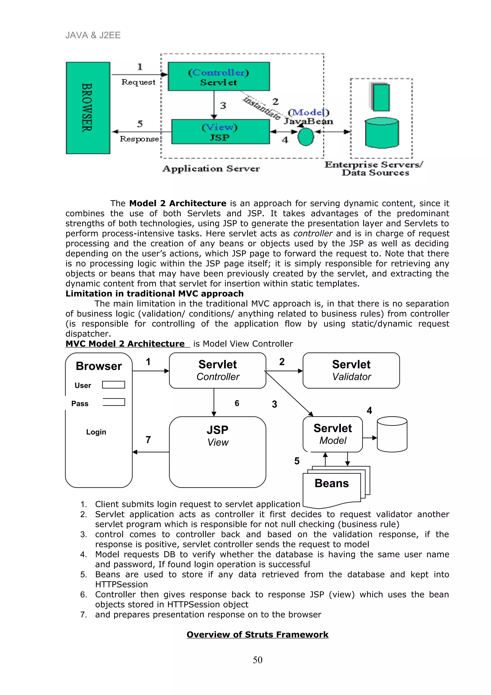 JAVA & J2EE
The Model 2 Architecture is an approach for serving dynamic content, since it
combines the use of both Servlets and JSP. It takes advantages of the predominant
strengths of both technologies, using JSP to generate the presentation layer and Servlets to
perform process-intensive tasks. Here servlet acts as controller and is in charge of request
processing and the creation of any beans or objects used by the JSP as well as deciding
depending on the user’s actions, which JSP page to forward the request to. Note that there
is no processing logic within the JSP page itself; it is simply responsible for retrieving any
objects or beans that may have been previously created by the servlet, and extracting the
dynamic content from that servlet for insertion within static templates.
Limitation in traditional MVC approach
The main limitation in the traditional MVC approach is, in that there is no separation
of business logic (validation/ conditions/ anything related to business rules) from controller
(is responsible for controlling of the application flow by using static/dynamic request
dispatcher.
MVC Model 2 Architecture is Model View Controller
1. Client submits login request to servlet application
2. Servlet application acts as controller it first decides to request validator another
servlet program which is responsible for not null checking (business rule)
3. control comes to controller back and based on the validation response, if the
response is positive, servlet controller sends the request to model
4. Model requests DB to verify whether the database is having the same user name
and password, If found login operation is successful
5. Beans are used to store if any data retrieved from the database and kept into
HTTPSession
6. Controller then gives response back to response JSP (view) which uses the bean
objects stored in HTTPSession object
7. and prepares presentation response on to the browser
Overview of Struts Framework
50
Browser Servlet
Controller
Servlet
Validator
Servlet
Model
JSP
View
Beans
1 2
3
4
5
6
7
User
Pass
Login
 