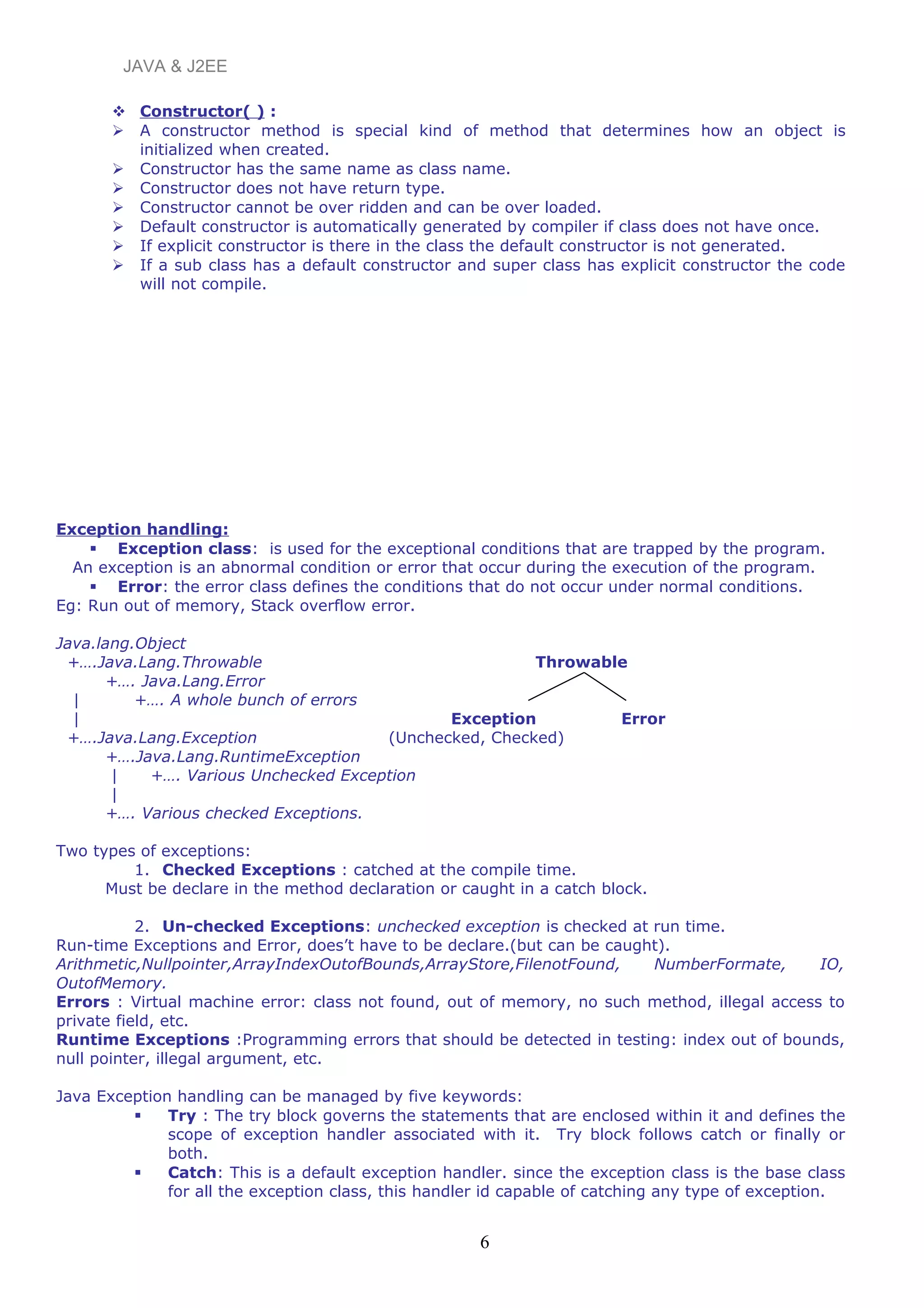 JAVA & J2EE
 Constructor( ) :
 A constructor method is special kind of method that determines how an object is
initialized when created.
 Constructor has the same name as class name.
 Constructor does not have return type.
 Constructor cannot be over ridden and can be over loaded.
 Default constructor is automatically generated by compiler if class does not have once.
 If explicit constructor is there in the class the default constructor is not generated.
 If a sub class has a default constructor and super class has explicit constructor the code
will not compile.
Exception handling:
 Exception class: is used for the exceptional conditions that are trapped by the program.
An exception is an abnormal condition or error that occur during the execution of the program.
 Error: the error class defines the conditions that do not occur under normal conditions.
Eg: Run out of memory, Stack overflow error.
Java.lang.Object
+….Java.Lang.Throwable Throwable
+…. Java.Lang.Error
| +…. A whole bunch of errors
| Exception Error
+….Java.Lang.Exception (Unchecked, Checked)
+….Java.Lang.RuntimeException
| +…. Various Unchecked Exception
|
+…. Various checked Exceptions.
Two types of exceptions:
1. Checked Exceptions : catched at the compile time.
Must be declare in the method declaration or caught in a catch block.
2. Un-checked Exceptions: unchecked exception is checked at run time.
Run-time Exceptions and Error, does’t have to be declare.(but can be caught).
Arithmetic,Nullpointer,ArrayIndexOutofBounds,ArrayStore,FilenotFound, NumberFormate, IO,
OutofMemory.
Errors : Virtual machine error: class not found, out of memory, no such method, illegal access to
private field, etc.
Runtime Exceptions :Programming errors that should be detected in testing: index out of bounds,
null pointer, illegal argument, etc.
Java Exception handling can be managed by five keywords:
 Try : The try block governs the statements that are enclosed within it and defines the
scope of exception handler associated with it. Try block follows catch or finally or
both.
 Catch: This is a default exception handler. since the exception class is the base class
for all the exception class, this handler id capable of catching any type of exception.
6
 