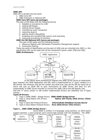 JAVA & J2EE
JDBC API
JDBC API is divided into two parts
1. JDBC Core API
2. JDBC Extension or Optional API
JDBC Core API (java.sql package)
This part of API deals with the following futures
1. Establish a connection to a DB
2. Getting DB Details
3. Getting Driver Details
4. maintaining Local Transaction
5. executing query’s
6. getting result’s (ResultSet)
7. preparing pre-compiled SQL query’s and executing
8. executing procedures & functions
JDBC Ext OR Optional API (javax.sql package)
This part of API deals with the following futures
1. Resource Objects with Distributed Transaction Management support
2. Connection Pooling.
These two parts of Specification are the part of J2SE and are inherited into J2EE i.e. this
specification API can be used with all the component’s given under J2SE and J2EE.
JDBC Architecture:
In the above show archetecture diagram the JDBC Driver forms an abstraction
layer between the JAVA Application and DB, and is implemented by 3rd
party vendors or a
DB Vendor. But whoever may be the vendor and what ever may be the DB we need not to
worry will just us JDCB API to give instructions to JDBC Driver and then it’s the
responsibility of JDBC Driver Provider to convert the JDBC Call to the DB Specific Call.
And this 3rd
party vendor or DB vendor implemented Drivers are classified into 4-Types
namely
Types Of Drivers
1. Type-1 (JDBC ODBC - Bridge Driver) JDBC-ODBC Bridge Driver
2. Type-2 (Java-Native API Driver) Native API Partly JAVA Driver (Thick
Driver)
3. Type-3 (Java Net Protocol Driver) Intermediate DataBase Access Server
4. Type-4 (Java Native Protocol driver) Pure JAVA Driver (Thin driver)
Type-1 _ JDBC ODBC Bridge Driver :
Since ODBC is written in C-language using pointers, so JAVA does’t
support pointers, a java program can’t communate directly with the DataBase. The JDBC-
ODBC bridge drivertransulates JDBC API calls to ODBC API calls.
Architecture
15
JDBC Application
JDBC Driver
Oracle DB MS SQL
Server DB
Sybase DB
JDB
C
API
S
P
A
PI
S
P
A
PI
SP
AP
I
JAVA
Application
JDBC
ODBC
Driver
Native
ODBC
Client
driver
Libraries
DBMS
Interface
client
libraries
DBMS
Interface
Server
Libraries
DBMS
 