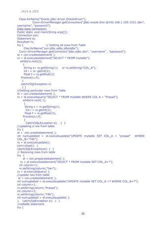 JAVA & J2EE
Class.forName(“Oracle:jdbc:driver.OracleDriver”);
Conn=DriverManager.getConnection(“jdbc:oracle:thin:@192.168.1.105:1521:dbn”,
username”, “password”);
Data base connection:
Public static void main(String args[]);
Connection con;
Statement st;
Resultset rs;
try { // Getting all rows from Table
Clas.forName(“sun.jdbc.odbc.jdbcodbc”);
Conn=DriverManager.getConnction(“jdbc.odbc.dsn”, “username” , ”password”);
st = con.createstatement( );
rs = st.executestatement(“SELECT * FROM mytable”);
while(rs.next());
{
String s= rs.getString(1); or rs.setString(“COL_A”);
int i = rs. getInt(2);
Float f = rs.getfloat(3);
Process(s,i,f);
}
catch(SQLException e)
{ }
//Getting particular rows from Table
st = con.createstatement( );
rs = st.executequery(“SELECT * FROM mytable WHERE COL A = “Prasad”);
while(rs.next( ));
{
String s = rs.getString(1);
Int i = rs.getint(2);
Float f = rs.getfloat(3);
Process(s,i,f);
}
Catch(SQLException e); { }
//updating a row from table.
try {
st = con.createstatement( );
int numupdated = st.executeupdate(“UPDATE mytable SET COL_A = “prasad” WHERE
COL_B=”746”);
rs = st.executeupdate();
conn.close(); }
catch(SQLExceptione); { }
// Receiving rows from table
try {
st = con.preparedstatement( );
rs = st.execurtestatement(“SELECT * FROM mytable SET COL_A=?’);
int colunm=1;
rs.setString(colunm,”hari”);
rs = st.executeQuery( );
//update rwo from table
st = con.createstatement( );
int numupdated = st.executeupdate(“UPDATE mytable SET COL_A =? WHERE COL_B=?”);
int column=1;
rs.setString(colunm,”Prasad”);
int column=2;
rs.setString(column,”746”);
int numupdated = st.executeupdate( );
} catch(SqlException e); { }
//callable statement
try {
26
 