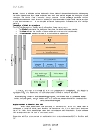 JAVA & J2EE
Struts : Struts is an open source framework from Jakartha Project designed for developing
the web applications with Java SERVLET API and Java Server Pages Technologies.Struts
conforms the Model View Controller design pattern. Struts package provides unified
reusable components (such as action servlet) to build the user interface that can be applied
to any web connection. It encourages software development following the MVC design
pattern.
Overview of MVC Architecture
The MVC design pattern divides applications into three components:
• The Model maintains the state and data that the application represents .
• The View allows the display of information about the model to the user.
• The Controller allows the user to manipulate the application .
In Struts, the view is handled by JSPs and presentation components, the model is
represented by Java Beans and the controller uses Servlets to perform its action.
By developing a familiar Web-based shopping cart, you'll learn how to utilize the Model-
View-Controller (MVC) design pattern and truly separate presentation from content when
using Java Server Pages.
Applying MVC in Servlets and JSP
Many web applications are JSP-only or Servlets-only. With JSP, Java code is
embedded in the HTML code; with Servlets the Java code calls println methods to generate
the HTML code. Both approaches have their advantages and drawbacks; Struts gathers
their strengths to get the best of their association.
Below you will find one example on registration form processing using MVC in Servlets and
JSP:
48
Controller Servlet
Users

UI Components
UI Process Components
Service Interfaces
Business
Workflows
Business
Components
Business
Entities
Data Access Logic
Components
Service Agents
Data Sources

Services

Secur
i
t
y
Opera
t
i
ona
lmanagement
Commun
i
ca
t
i
on
 