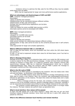 JAVA & J2EE
Container will tyr to optimize the SQL code for the CMPs,so they may be scalable
entity beans than the BMPs.
BMPs may be inappropriate for larger and more performance sesitive applications.
What are advantages and disadvantages of CMP and BMP
CMP: Container managed persistence
Advantages:
1)Easy to develop and maintain.
2)Relationships can be maintained between different entities.
3)Optimization of SQL code will be done.
4)Larger and more performance applications can be done.
Disadvantages:
1)Will not support for some nonJDBC data sources,i.e,CICS.
2)Complex queries cannot be developed with EJBQL.
BMP:: Bean managed persistence
Advantages:
1)Support for nonJDBC data sources.
2)Complex queries can be build.
Disadvantages:
1)Hard to develop and maintain.
2)We cannot maintain the relationships between different entities.
3)Optimization of SQL code cannot be done by the container,because bean it self contains
the code.
4)Not appropriate for larger and complex applications.
What is difference between EJB 1.1 and EJB 2.0
EJB 2.0 adds the local beans, which are accessible only from within the JVM where beans
are running in.
In EJB 1.1, we had to implement remote client views for all these beans, even if we had no
remote clients.
What is Message Driven Bean
Message Driven Bean (MDB) is an enterprise bean which runs inside the EJB container and
it acts as Listener for the JMS asynchronous message . It does not have Home and Remote
interface as Session or Entity bean. It is called by container when container receives JMS
asynchronous message. MDB has to implement MessageListener which has a method
onMessage(Message msg). When the container calls the MDB it passes the message to
onMesage() method and then MDB process that message.
What is the life cycle of MDB
The lifetime of an MDB instance is controlled by the container. Only two states exist: Does
not exist and Ready , as illustrated in the following figure:
The life of an MDB instance starts when the container invokes newInstance() on the
MDB class to create a new instance. Next, the container calls setMessageDrivenContext()
followed by ejbCreate() on the instance. The bean then enters the Ready state and is ready
to consume messages.
When a message arrives for the bean, the container invokes the onMessage()
method of one of the available instances, passing a Message object in argument. Message s
can be consumed and processed concurrently by using multiple instances of the same type.
The container invokes ejbRemove() on the bean instance when it no longer needs
the instance. The bean instance can perform clean up operations here.
What is local interface. How values will be passed
If Client and EJB classes are in the same machine ( Same JVM) then we can use Local
linterface instead of Remote interface. Since Client and EJB are in same JVM, values are
passed by referance.
What is the difference between local interface and remote interface
70
 