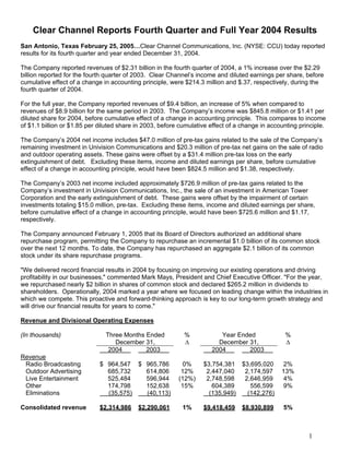 Clear Channel Reports Fourth Quarter and Full Year 2004 Results
San Antonio, Texas February 25, 2005…Clear Channel Communications, Inc. (NYSE: CCU) today reported
results for its fourth quarter and year ended December 31, 2004.

The Company reported revenues of $2.31 billion in the fourth quarter of 2004, a 1% increase over the $2.29
billion reported for the fourth quarter of 2003. Clear Channel’s income and diluted earnings per share, before
cumulative effect of a change in accounting principle, were $214.3 million and $.37, respectively, during the
fourth quarter of 2004.

For the full year, the Company reported revenues of $9.4 billion, an increase of 5% when compared to
revenues of $8.9 billion for the same period in 2003. The Company’s income was $845.8 million or $1.41 per
diluted share for 2004, before cumulative effect of a change in accounting principle. This compares to income
of $1.1 billion or $1.85 per diluted share in 2003, before cumulative effect of a change in accounting principle.

The Company’s 2004 net income includes $47.0 million of pre-tax gains related to the sale of the Company’s
remaining investment in Univision Communications and $20.3 million of pre-tax net gains on the sale of radio
and outdoor operating assets. These gains were offset by a $31.4 million pre-tax loss on the early
extinguishment of debt. Excluding these items, income and diluted earnings per share, before cumulative
effect of a change in accounting principle, would have been $824.5 million and $1.38, respectively.

The Company’s 2003 net income included approximately $726.9 million of pre-tax gains related to the
Company’s investment in Univision Communications, Inc., the sale of an investment in American Tower
Corporation and the early extinguishment of debt. These gains were offset by the impairment of certain
investments totaling $15.0 million, pre-tax. Excluding these items, income and diluted earnings per share,
before cumulative effect of a change in accounting principle, would have been $725.6 million and $1.17,
respectively.

The Company announced February 1, 2005 that its Board of Directors authorized an additional share
repurchase program, permitting the Company to repurchase an incremental $1.0 billion of its common stock
over the next 12 months. To date, the Company has repurchased an aggregate $2.1 billion of its common
stock under its share repurchase programs.

quot;We delivered record financial results in 2004 by focusing on improving our existing operations and driving
profitability in our businesses,quot; commented Mark Mays, President and Chief Executive Officer. quot;For the year,
we repurchased nearly $2 billion in shares of common stock and declared $265.2 million in dividends to
shareholders. Operationally, 2004 marked a year where we focused on leading change within the industries in
which we compete. This proactive and forward-thinking approach is key to our long-term growth strategy and
will drive our financial results for years to come.quot;

Revenue and Divisional Operating Expenses

                               Three Months Ended           %            Year Ended              %
(In thousands)
                                  December 31,              ∆           December 31,             ∆
                                2004        2003                      2004       2003
Revenue
 Radio Broadcasting          $ 964,547 $ 965,786           0%      $3,754,381 $3,695,020         2%
 Outdoor Advertising           685,732   614,806           12%      2,447,040  2,174,597        13%
 Live Entertainment            525,484   596,944          (12%)     2,748,598  2,646,959         4%
 Other                         174,798   152,638           15%        604,389    556,599        9%
 Eliminations                  (35,575)  (40,113)                    (135,949)  (142,276)

Consolidated revenue         $2,314,986    $2,290,061      1%      $9,418,459    $8,930,899      5%



                                                                                                          1
 