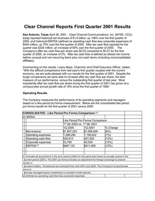 Clear Channel Reports First Quarter 2001 Results
San Antonio, Texas April 26, 2001…Clear Channel Communications, Inc. (NYSE: CCU)
today reported historical net revenues of $1.6 billion, up 108% over the first quarter of
2000, and historical EBITDA (defined as operating cash flow less corporate expenses) of
$404 million, up 70% over the first quarter of 2000. After tax cash flow reported for the
quarter was $324 million, an increase of 69% over the first quarter of 2000. The
Company’s after tax cash flow per share was $0.52 compared to $0.51 for the first
quarter of 2000, an increase of 2%. After tax cash flow is defined as diluted net income
before unusual and non-recurring items plus non-cash items (including nonconsolidated
affiliates).

Commenting on the results, Lowry Mays, Chairman and Chief Executive Officer, stated,
“With the difficult comparisons from last year’s first quarter coupled with the current
economy, we are quite pleased with our results for the first quarter of 2001. Despite the
tough comparisons we were able to increase after tax cash flow per share, the best
measure of our performance, versus the outstanding first quarter of last year. Most
importantly after tax cash flow per share during the first quarter of 2001 has grown at a
compounded annual growth rate of 19% since the first quarter of 1999.”

Operating Results

The Company measures the performance of its operating segments and managers
based on a like period pro forma measurement. Below are the consolidated like period
pro forma results for the first quarter of 2001 versus 2000.

CONSOLIDATED - Like Period Pro Forma Comparison (1)
(in $000s)
                           Like Period Pro Forma Comparison
                           1st Qtr 2000 vs. 1st Qtr 2001
                           1Q 2000           1Q 2001      % Change
   Net revenue             $1,807,203        $1,656,646   (8%)
   Operating expenses      1,286,290         1,199,622    (7%)
   Operating cash flow     520,913           457,024      (12%)
   Corporate expenses      53,790            45,534       (15%)
   EBITDA (2)              $467,123          $411,490     (12%)


(1) Includes all acquisitions in the prior period (2000) for the same time frame as actually owned in the
  current period (2001). The 2001 pro forma includes an adjustment for foreign exchange to present
results in
  constant dollars. Divestitures are excluded from both 2001 and 2000. The Company’s proportionate
share of
  actively managed equity investments is included in both periods.
(2) Defined as operating cash flow less corporate expenses.
 