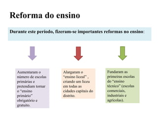 Reforma do ensino
Durante este período, fizeram-se importantes reformas no ensino:
Aumentaram o
número de escolas
primárias e
pretendiam tornar
o “ensino
primário”
obrigatório e
gratuito.
Alargaram o
“ensino liceal” ,
criando um liceu
em todas as
cidades capitais do
distrito.
Fundaram as
primeiras escolas
do “ensino
técnico” (escolas
comerciais,
industriais e
agrícolas).
 