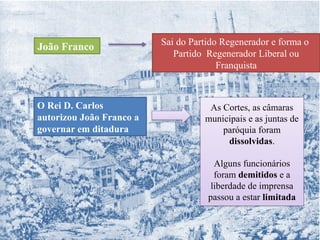 João Franco Sai do Partido Regenerador e forma o
Partido Regenerador Liberal ou
Franquista
O Rei D. Carlos
autorizou João Franco a
governar em ditadura
As Cortes, as câmaras
municipais e as juntas de
paróquia foram
dissolvidas.
Alguns funcionários
foram demitidos e a
liberdade de imprensa
passou a estar limitada
 