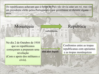 Os republicanos achavam que à frente do País não devia estar um rei, mas sim
um presidente eleito pelos Portugueses e que governasse só durante alguns
anos.
Monarquia República
substituída
No dia 2 de Outubro de 1910
que os republicanos
começaram a preparam uma
revolução
(Com o apoio dos militares e
civis).
dois dias depois
Confrontos entre as tropas
republicanas com apoiantes
e as tropas monárquicas
 