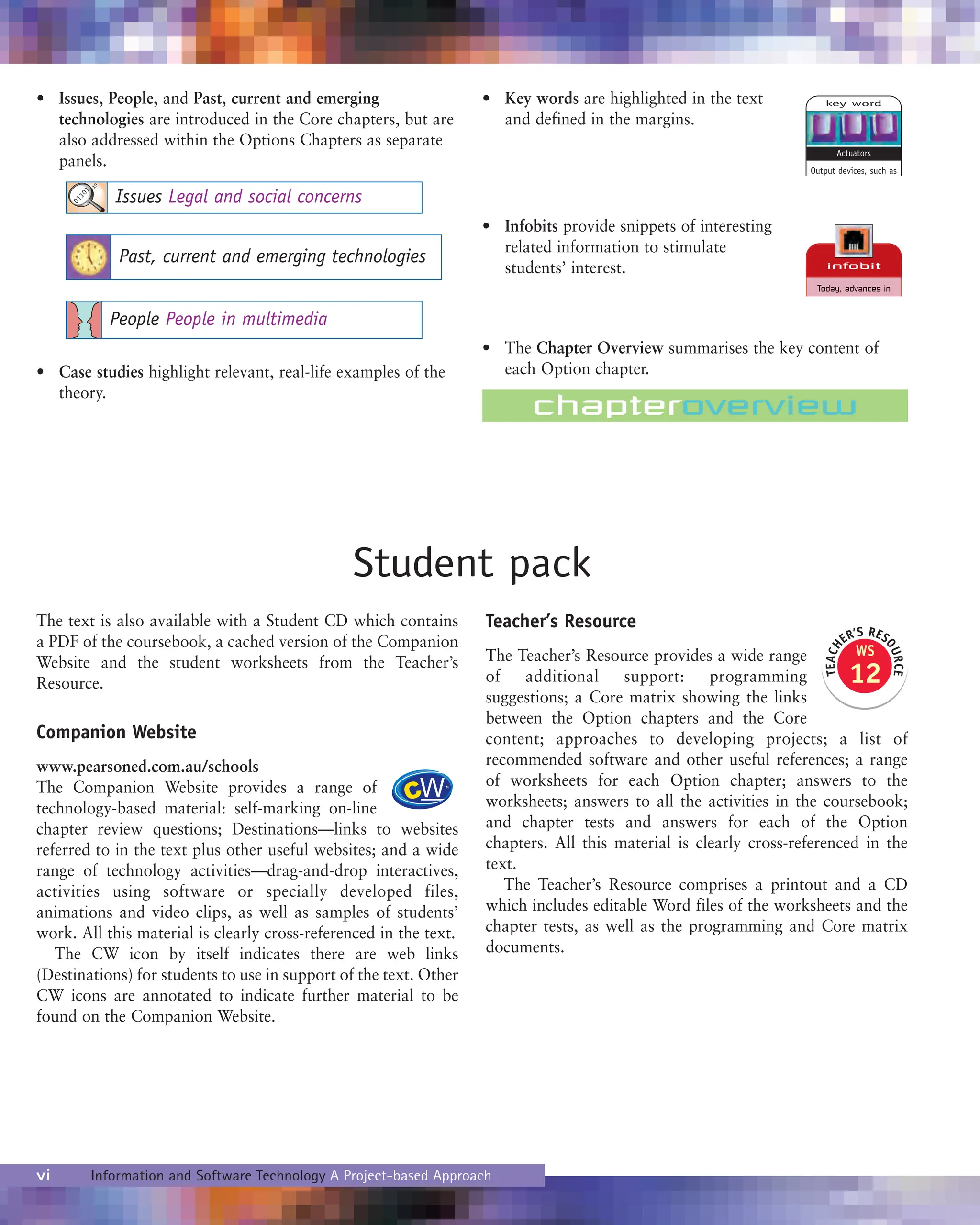 vi Information and Software Technology A Project-based Approach
The text is also available with a Student CD which contains
a PDF of the coursebook, a cached version of the Companion
Website and the student worksheets from the Teacher’s
Resource.
Companion Website
www.pearsoned.com.au/schools
The Companion Website provides a range of
technology-based material: self-marking on-line
chapter review questions; Destinations—links to websites
referred to in the text plus other useful websites; and a wide
range of technology activities—drag-and-drop interactives,
activities using software or specially developed files,
animations and video clips, as well as samples of students’
work. All this material is clearly cross-referenced in the text.
The CW icon by itself indicates there are web links
(Destinations) for students to use in support of the text. Other
CW icons are annotated to indicate further material to be
found on the Companion Website.
Teacher’s Resource
The Teacher’s Resource provides a wide range
of additional support: programming
suggestions; a Core matrix showing the links
between the Option chapters and the Core
content; approaches to developing projects; a list of
recommended software and other useful references; a range
of worksheets for each Option chapter; answers to the
worksheets; answers to all the activities in the coursebook;
and chapter tests and answers for each of the Option
chapters. All this material is clearly cross-referenced in the
text.
The Teacher’s Resource comprises a printout and a CD
which includes editable Word files of the worksheets and the
chapter tests, as well as the programming and Core matrix
documents.
• Issues, People, and Past, current and emerging
technologies are introduced in the Core chapters, but are
also addressed within the Options Chapters as separate
panels.
chapteroverview
WS
12
T
E
A
C
H
ER’S RES
O
U
R
C
E
Student pack
Issues Legal and social concerns
Past, current and emerging technologies
People People in multimedia
• Case studies highlight relevant, real-life examples of the
theory.
• Key words are highlighted in the text
and defined in the margins.
• Infobits provide snippets of interesting
related information to stimulate
students’ interest.
• The Chapter Overview summarises the key content of
each Option chapter.
 