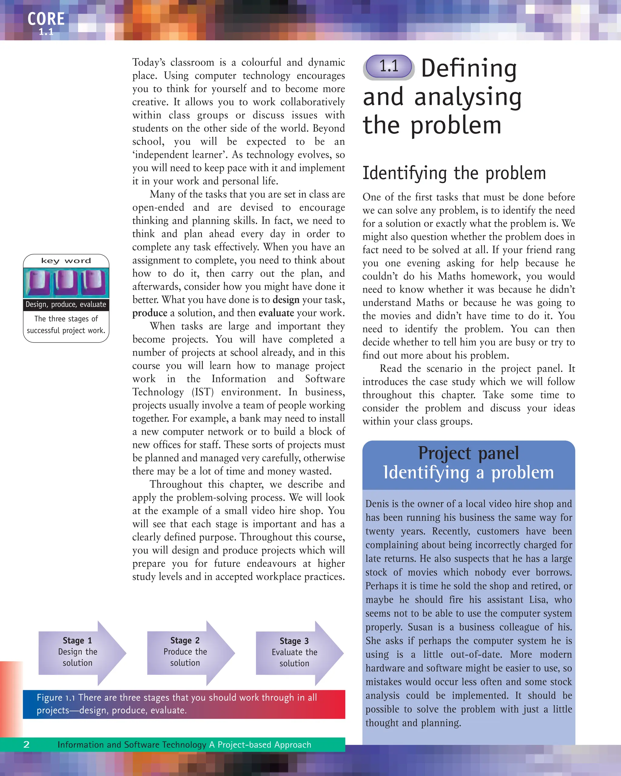 CORE
x.x
Today’s classroom is a colourful and dynamic
place. Using computer technology encourages
you to think for yourself and to become more
creative. It allows you to work collaboratively
within class groups or discuss issues with
students on the other side of the world. Beyond
school, you will be expected to be an
‘independent learner’. As technology evolves, so
you will need to keep pace with it and implement
it in your work and personal life.
Many of the tasks that you are set in class are
open-ended and are devised to encourage
thinking and planning skills. In fact, we need to
think and plan ahead every day in order to
complete any task effectively. When you have an
assignment to complete, you need to think about
how to do it, then carry out the plan, and
afterwards, consider how you might have done it
better. What you have done is to design your task,
produce a solution, and then evaluate your work.
When tasks are large and important they
become projects. You will have completed a
number of projects at school already, and in this
course you will learn how to manage project
work in the Information and Software
Technology (IST) environment. In business,
projects usually involve a team of people working
together. For example, a bank may need to install
a new computer network or to build a block of
new offices for staff. These sorts of projects must
be planned and managed very carefully, otherwise
there may be a lot of time and money wasted.
Throughout this chapter, we describe and
apply the problem-solving process. We will look
at the example of a small video hire shop. You
will see that each stage is important and has a
clearly defined purpose. Throughout this course,
you will design and produce projects which will
prepare you for future endeavours at higher
study levels and in accepted workplace practices.
Defining
and analysing
the problem
Identifying the problem
One of the first tasks that must be done before
we can solve any problem, is to identify the need
for a solution or exactly what the problem is. We
might also question whether the problem does in
fact need to be solved at all. If your friend rang
you one evening asking for help because he
couldn’t do his Maths homework, you would
need to know whether it was because he didn’t
understand Maths or because he was going to
the movies and didn’t have time to do it. You
need to identify the problem. You can then
decide whether to tell him you are busy or try to
find out more about his problem.
Read the scenario in the project panel. It
introduces the case study which we will follow
throughout this chapter. Take some time to
consider the problem and discuss your ideas
within your class groups.
key word
The three stages of
successful project work.
Design, produce, evaluate
Figure 1.1 There are three stages that you should work through in all
projects—design, produce, evaluate.
Project panel
Identifying a problem
Denis is the owner of a local video hire shop and
has been running his business the same way for
twenty years. Recently, customers have been
complaining about being incorrectly charged for
late returns. He also suspects that he has a large
stock of movies which nobody ever borrows.
Perhaps it is time he sold the shop and retired, or
maybe he should fire his assistant Lisa, who
seems not to be able to use the computer system
properly. Susan is a business colleague of his.
She asks if perhaps the computer system he is
using is a little out-of-date. More modern
hardware and software might be easier to use, so
mistakes would occur less often and some stock
analysis could be implemented. It should be
possible to solve the problem with just a little
thought and planning.
2 Information and Software Technology A Project-based Approach
Stage 1
Design the
solution
Stage 2
Produce the
solution
Stage 3
Evaluate the
solution
CORE
1.1
1.1
 