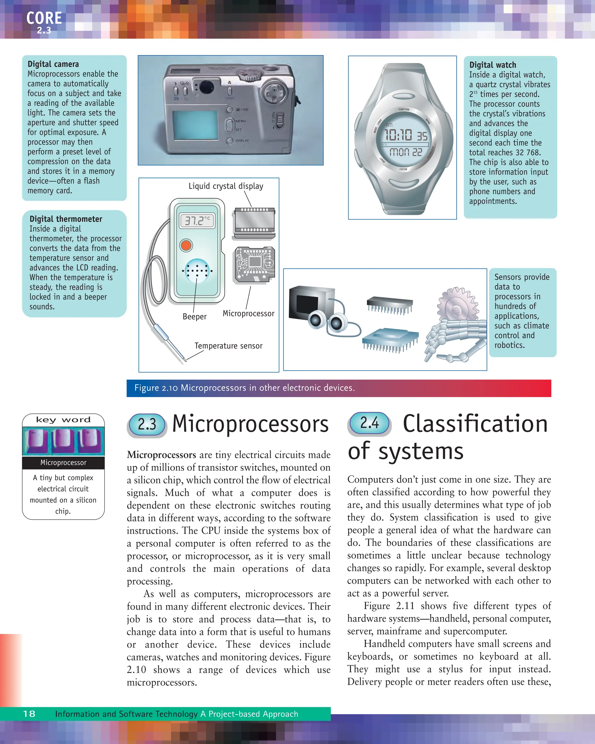 CORE
2.3
Digital watch
Inside a digital watch,
a quartz crystal vibrates
215
times per second.
The processor counts
the crystal’s vibrations
and advances the
digital display one
second each time the
total reaches 32 768.
The chip is also able to
store information input
by the user, such as
phone numbers and
appointments.
Microprocessors
Microprocessors are tiny electrical circuits made
up of millions of transistor switches, mounted on
a silicon chip, which control the flow of electrical
signals. Much of what a computer does is
dependent on these electronic switches routing
data in different ways, according to the software
instructions. The CPU inside the systems box of
a personal computer is often referred to as the
processor, or microprocessor, as it is very small
and controls the main operations of data
processing.
As well as computers, microprocessors are
found in many different electronic devices. Their
job is to store and process data—that is, to
change data into a form that is useful to humans
or another device. These devices include
cameras, watches and monitoring devices. Figure
2.10 shows a range of devices which use
microprocessors.
Classification
of systems
Computers don’t just come in one size. They are
often classified according to how powerful they
are, and this usually determines what type of job
they do. System classification is used to give
people a general idea of what the hardware can
do. The boundaries of these classifications are
sometimes a little unclear because technology
changes so rapidly. For example, several desktop
computers can be networked with each other to
act as a powerful server.
Figure 2.11 shows five different types of
hardware systems—handheld, personal computer,
server, mainframe and supercomputer.
Handheld computers have small screens and
keyboards, or sometimes no keyboard at all.
They might use a stylus for input instead.
Delivery people or meter readers often use these,
18 Information and Software Technology A Project-based Approach
Digital camera
Microprocessors enable the
camera to automatically
focus on a subject and take
a reading of the available
light. The camera sets the
aperture and shutter speed
for optimal exposure. A
processor may then
perform a preset level of
compression on the data
and stores it in a memory
device—often a flash
memory card.
Digital thermometer
Inside a digital
thermometer, the processor
converts the data from the
temperature sensor and
advances the LCD reading.
When the temperature is
steady, the reading is
locked in and a beeper
sounds.
Sensors provide
data to
processors in
hundreds of
applications,
such as climate
control and
robotics.
Figure 2.10 Microprocessors in other electronic devices.
key word
Microprocessor
A tiny but complex
electrical circuit
mounted on a silicon
chip.
2.4
2.3
 