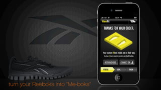 turn your Reeboks into “Me-boks”
THANKS FOR YOUR ORDER.
Your custom ﬁtbed molds are on their way.
You have 12 hours remaining to return your Reeﬁt RealFlex.
FITBEDS GOAL TRACK
 