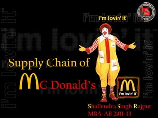 Supply Chain of
     C Donald’s
              Shailendra Singh Rajput
              MBA-AB 2011-13
 