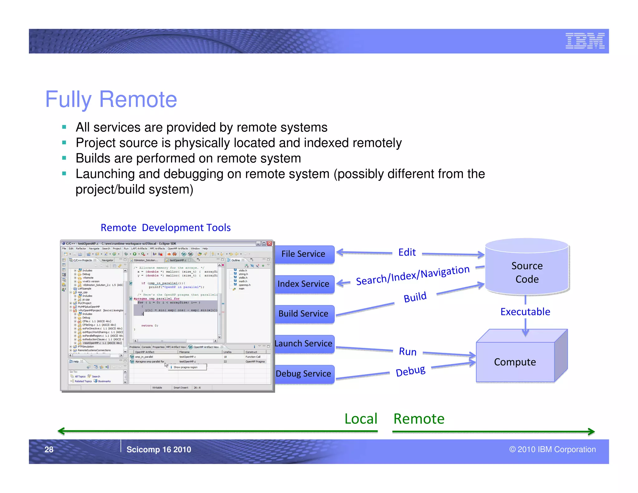 Fully Remote
     All services are provided by remote systems
     Project source is physically located and indexed remotely
     Builds are performed on remote system
     Launching and debugging on remote system (possibly different from the
     project/build system)

         Remote Development Tools

                                       File Service              Edit
                                                                                        Source
                                                                         avigation
                                       Index Service    Sea rch/Index/N                  Code
                                                                   Build
                                       Build Service                                  Executable

                                      Launch Service
                                                                 Run
                                                                                     Compute
                                      Debug Service              Debug



                                                       Local Remote
28           Scicomp 16 2010                                                           © 2010 IBM Corporation
 