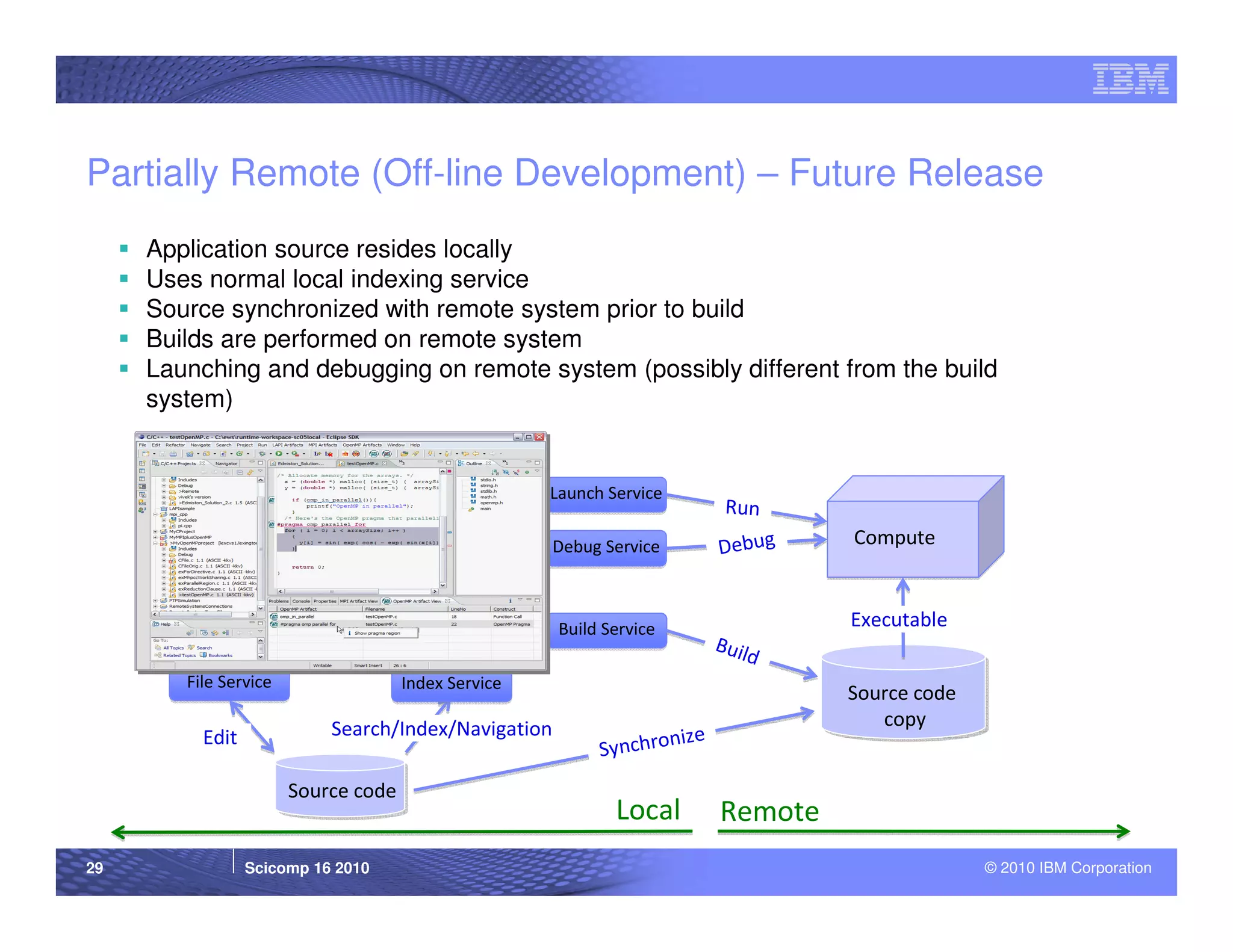 Partially Remote (Off-line Development) – Future Release
     Application source resides locally
     Uses normal local indexing service
     Source synchronized with remote system prior to build
     Builds are performed on remote system
     Launching and debugging on remote system (possibly different from the build
     system)


                                                     Launch Service
                                                                          Run
                                                     Debug Service       Debug    Compute



                                                      Build Service               Executable
                                                                         Buil
                                                                             d
        File Service                 Index Service
                                                                                  Source code
                           Search/Index/Navigation                                   copy
          Edit                                                    nize
                                                           Synchro
                       Source code
                                                             Local       Remote
29               Scicomp 16 2010                                                                © 2010 IBM Corporation
 