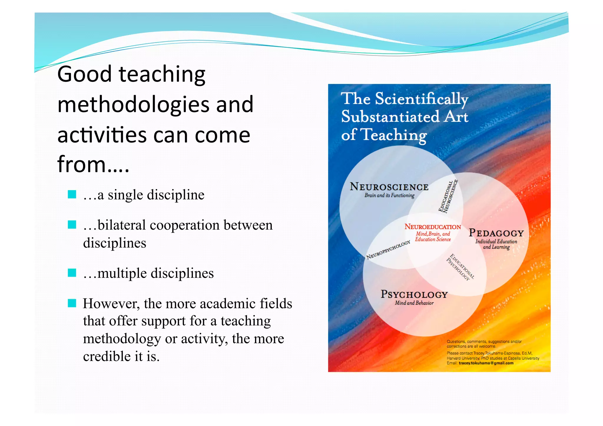 Good teaching 
methodologies and 
ac8vi8es can come 
from….
  …a single discipline
  …bilateral cooperation between
disciplines
  …multiple disciplines
  However, the more academic fields
that offer support for a teaching
methodology or activity, the more
credible it is.
 