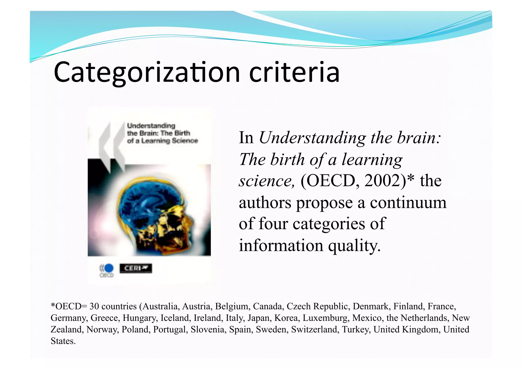 Categoriza8on criteria 
In Understanding the brain:
The birth of a learning
science, (OECD, 2002)* the
authors propose a continuum
of four categories of
information quality.
*OECD= 30 countries (Australia, Austria, Belgium, Canada, Czech Republic, Denmark, Finland, France,
Germany, Greece, Hungary, Iceland, Ireland, Italy, Japan, Korea, Luxemburg, Mexico, the Netherlands, New
Zealand, Norway, Poland, Portugal, Slovenia, Spain, Sweden, Switzerland, Turkey, United Kingdom, United
States.
 