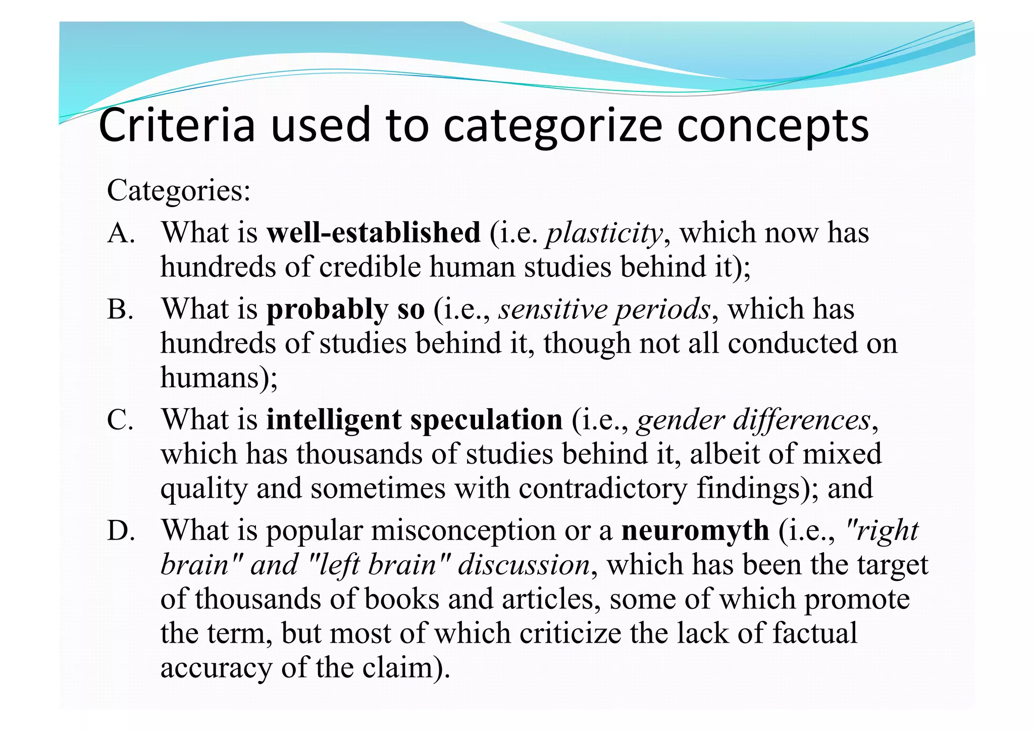Criteria used to categorize concepts 
Categories:
A.  What is well-established (i.e. plasticity, which now has
hundreds of credible human studies behind it);
B.  What is probably so (i.e., sensitive periods, which has
hundreds of studies behind it, though not all conducted on
humans);
C.  What is intelligent speculation (i.e., gender differences,
which has thousands of studies behind it, albeit of mixed
quality and sometimes with contradictory findings); and
D.  What is popular misconception or a neuromyth (i.e., "right
brain" and "left brain" discussion, which has been the target
of thousands of books and articles, some of which promote
the term, but most of which criticize the lack of factual
accuracy of the claim).
 